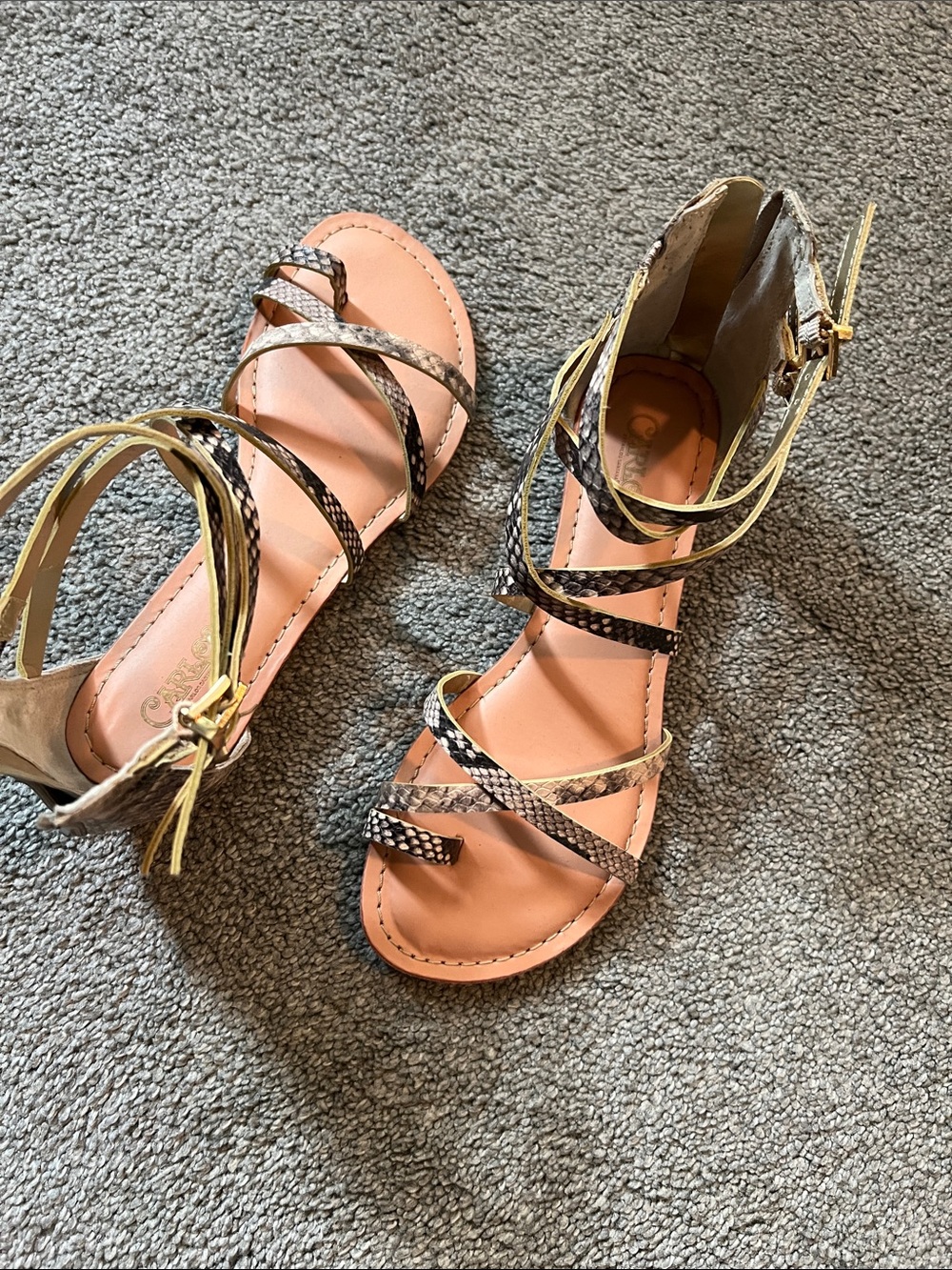 Women’s Strappy Snakeskin-Print Sandals in Beige and Tan